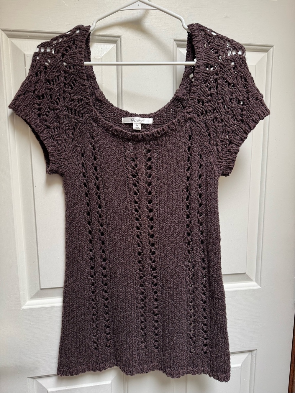 OLD NAVY Boho Crochet Knit Sweater Tunic Cotton Short Sleeve Dark Brown size M